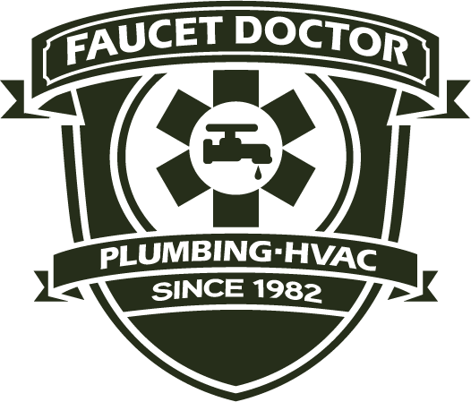 Logo of Faucet Doctor, established 1982, specializing in plumbing and HVAC services with a faucet and shield design.