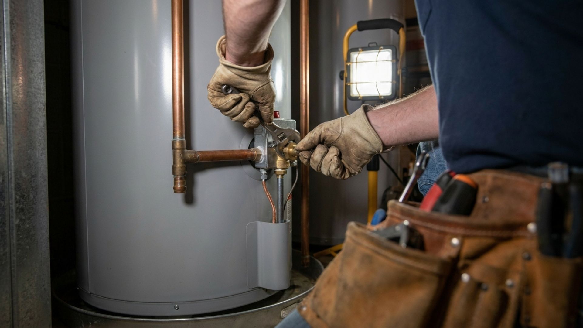 A technician repairs a water heater, using tools and wearing gloves for safety.