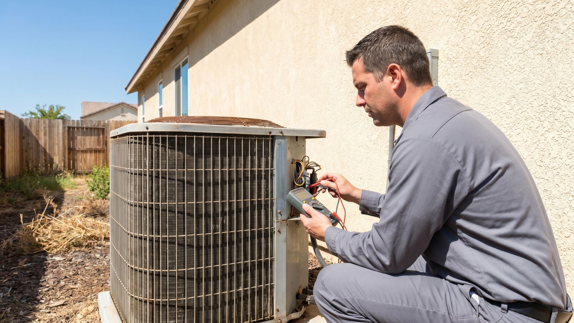 Technician servicing an outdoor air conditioning unit with a multimeter, ensuring optimal performance.